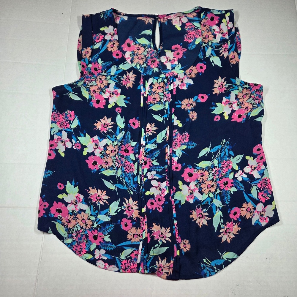 Candies Navy Blue Floral Pintuck Sleeveless Blouse XL Pink Teal Flower Top